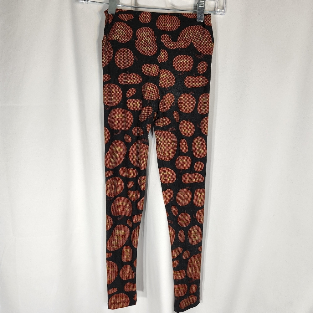 LuLaRoe Black w/ Orange Jack O'Lantern Halloween Leggings Size Tween - Picture 3 of 7